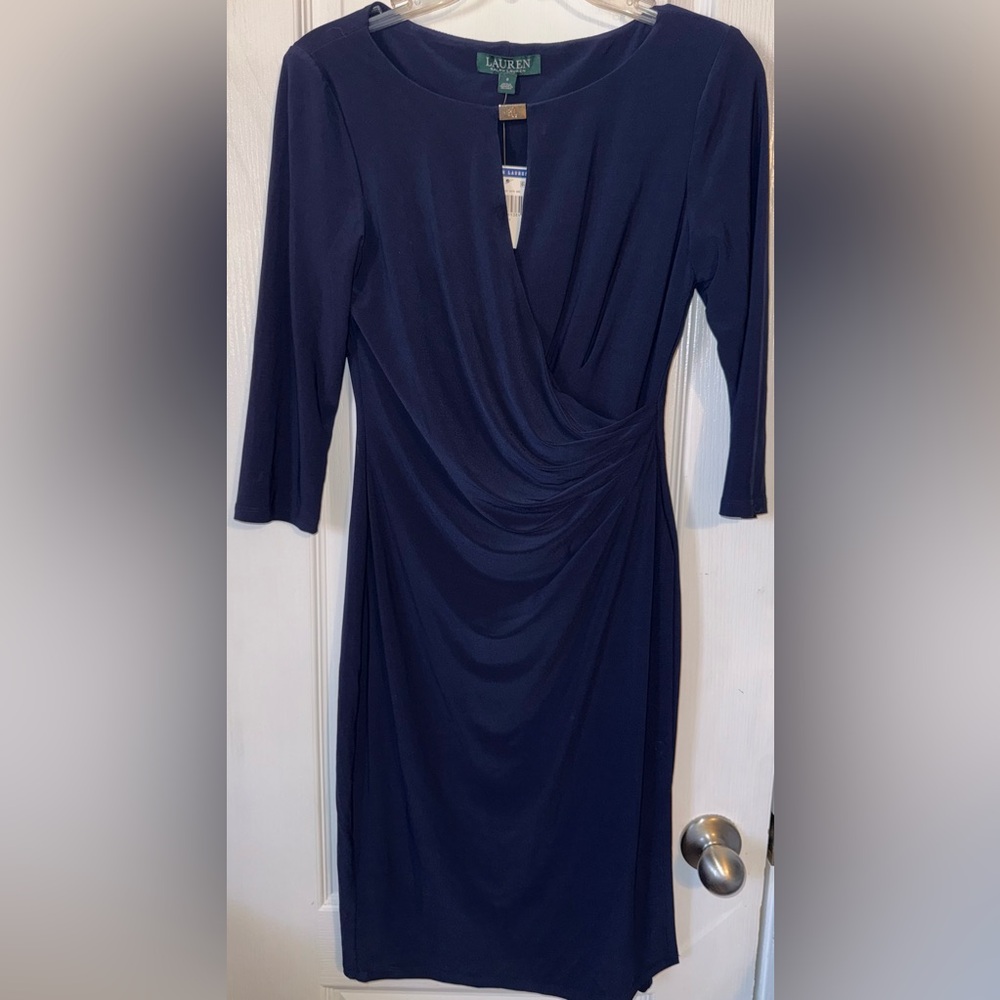 Lauren Ralph Lauren NWT Blue Cocktail Dress Gold Accent Quarter Sleeve Women’s 2